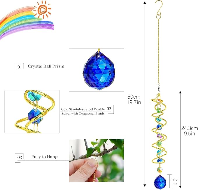 Crystal Gazing Ball Wind Spinner Suncatcher with Hook Decor | Crystal Suncatcher Gazing Ball with Spiral Tail Rainbow Maker Beads Hanging for Window Indoor Outdoor Garden Wedding Decor