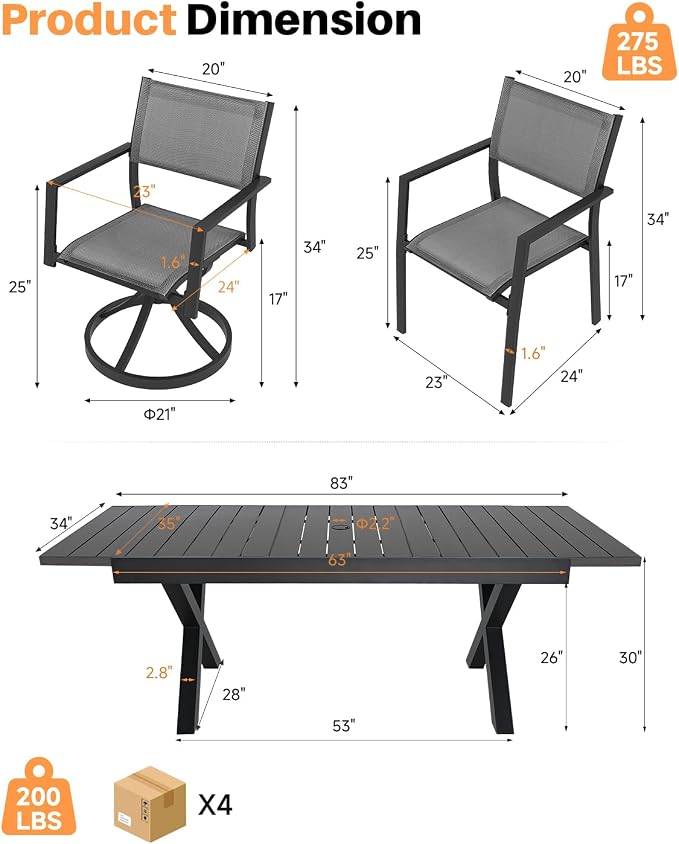 9 Pieces Expandable Outdoor Dining Table Set, Never-Rust Aluminum Patio Dining Set with 2 Swivel Chairs, Expandable Dining Table and 6 Stackable Textilene Chairs for Deck, Poolside, Black