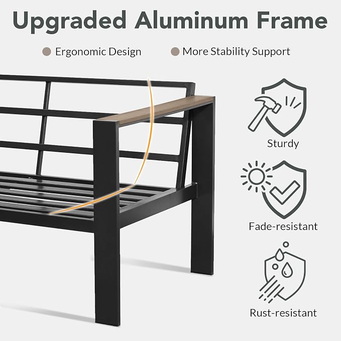 Outdoor Patio Furniture Set 5 Pieces Luxury Aluminum Patio Conversation Set with Coffee Table and 2 Ottoman 7 Seats, Thick Cushions, Large Sectional Sofa for Porch, Balcony, Deck, Yard, Gray