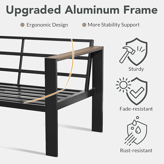 Outdoor Patio Furniture Set 3 Seats Sofa and Coffee Table with Washable Thick Cushions, All-Weather Luxury Aluminum Modern Outside Sectional Set for Porch, Balcony, Deck, Yard, Dark Gray