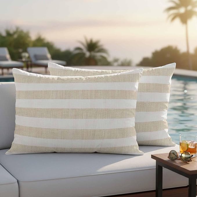 Vintage Linen Outdoor Waterproof Throw Pillow Covers Set of 2, 20"x12", Striped Beige Theme Farmhouse Decorative Pillow Covers Outside Cushion Case for Patio Porch Garden
