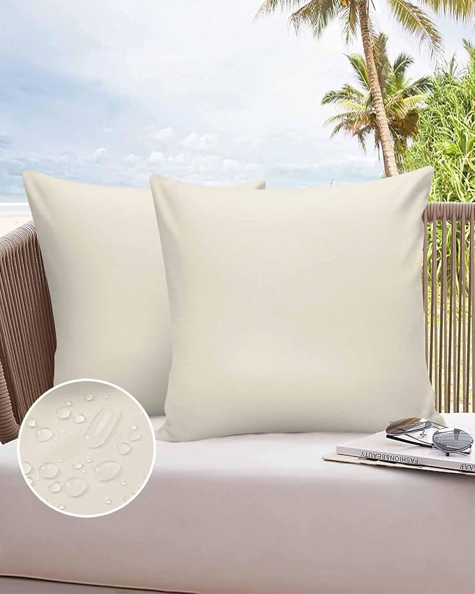 Outdoor Waterproof Throw Pillow Covers Set of 2 Cream Pillowcases 24x24 Inches Solid Color Patio Decorative Pillows Cushion Case Patio Pillows for Couch Bed Chair Garden