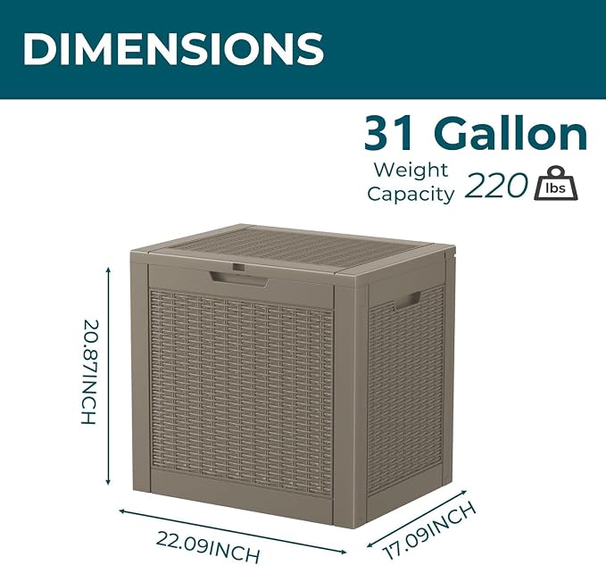 Vixzen 31 Gallon Deck Boxes Outdoor Waterproof, Lockable Outdoor Storage Bench for Patio Cushions, Garden Tools, Pool Supplies (Grey, 31 Gallon)