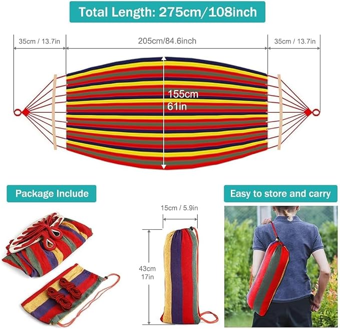 MOSFiATA Hammocks Portable Camping Hammock Upgraded 550lb Comfortable Fabric Hammock with Two Anti Roll Balance Beam and Sturdy Tree Straps for Camping, Patio, Backyard, Outdoor (Colorful Stripe)