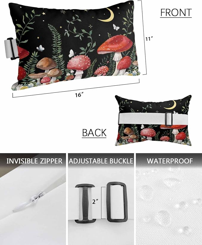Outdoor Pillows Covers with Inserts Mushroom Plant in Starry Sky Moon Waterproof Recliner Pillow with Adjustable Strap Throw Pillows for Patio Furniture Pool Lounge Chair, 11x16 inch, 1PCS