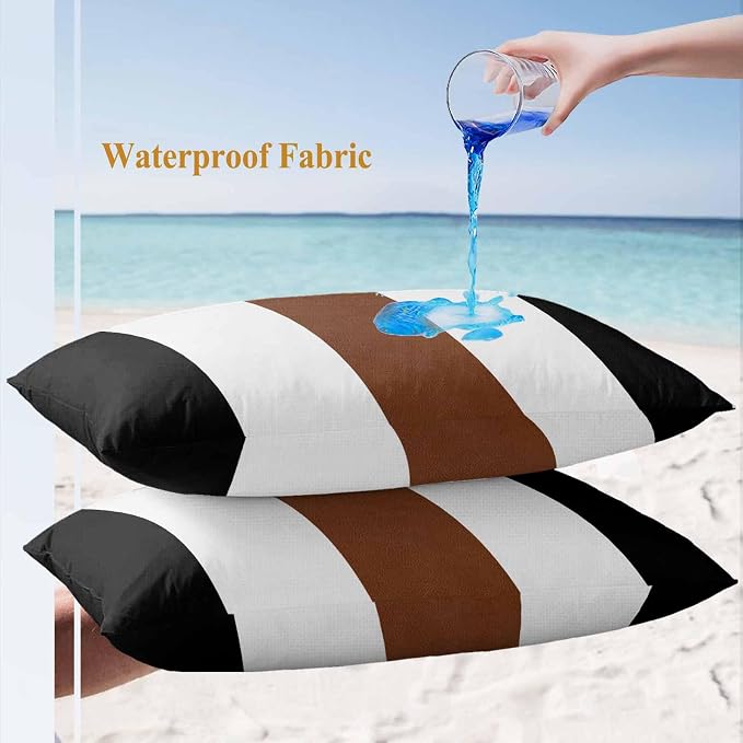 Boho Black Outdoor Waterproof Throw Pillow Covers Set of 2, 20"x12", Brown and White Striped Tribal Farmhouse Style Decorative Pillow Covers Outside Cushion Case for Patio Porch Garden