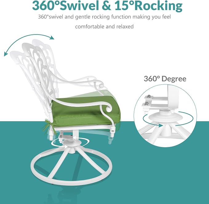 MEETWARM 7-Piece Outdoor Patio Dining Set, All-Weather Cast Aluminum Patio Conversation Set with 2 Swivel Rocker Chairs, 4 Stationary, 1 Rectangular Table, 6 Cushions, 2" Umbrella Hole, White