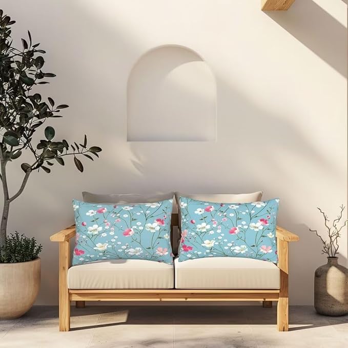 Outdoor Pillows Waterproof Set of 2 Outdoor Pillow Covers 16x24 Inch, Blue Throw Pillows Flower Pillow Covers, Summer Garden Decorative Pillows Outdoor Pillows for Patio Furniture Car Home Decor -hs42