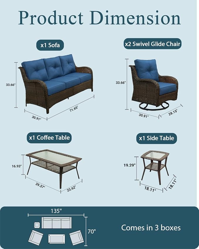 Patio Furniture Set, 5PCS Outdoor Wicker Conversation Set with 6" Thick Cushions, High Back Rattan Sofa & Swivel Rocker Chairs, Weather Resistant Olefin Fabric for Garden, Poolside, Navy Blue