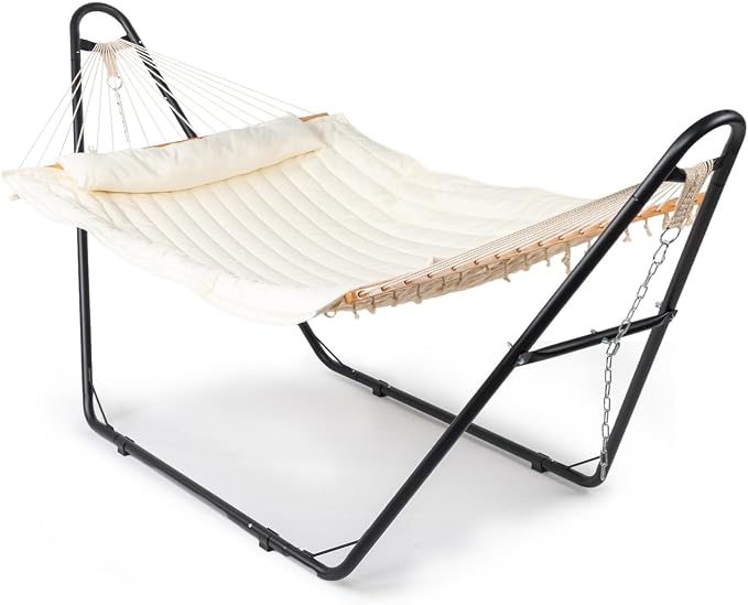ONCLOUD Hammock with Stand, Double-Barrel Hammock with Hammock Bed, Heavy Duty Adjustable Hammock Set for Outdoors, Patio, Yard, Garden, 550 LBS (Beige)