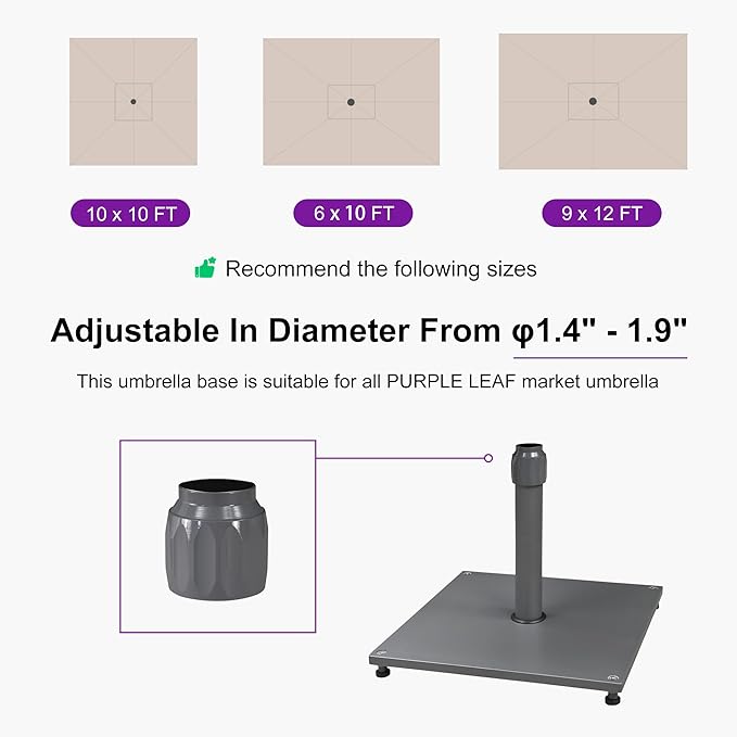 PURPLE LEAF 6 X 10 FT Semi-Auto Outdoor Patio Umbrella with Base Market Table Sun Umbrellas with 6 Aluminum Sturdy Ribs for Backyard Deck Garden Pool (Silver Pole Gray Canopy)