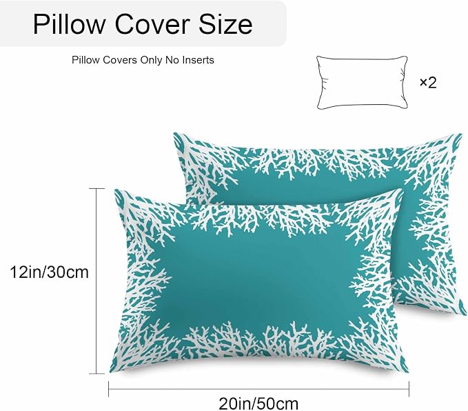 Vandarllin Outdoor Throw Pillows Covers 20x12 inch Set of 2 Waterproof Turquoise Coral Decorative Zippered Cushion Covers for Patio Furniture, Coastal Marine Life Lumbar Pillowcases