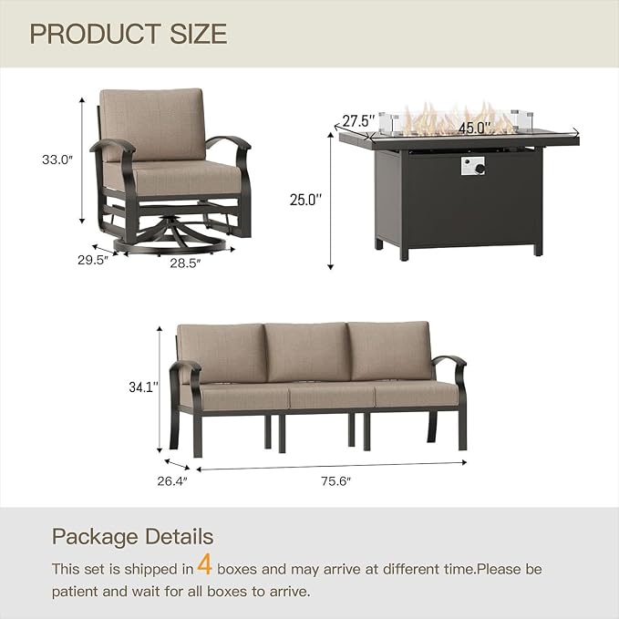 Aluminum Patio Furniture Set with 55,000 BTU Propane Fire Pit Table,5 Seats Metal Modern Outdoor Furniture w/5.1" Cushions,Patio Sectional w/Swivel Chairs for Backyard,Patio,Sand