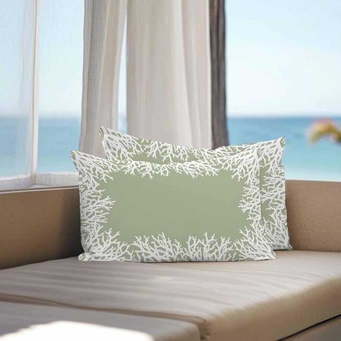 Vandarllin Outdoor Throw Pillows Covers 20x12 inch Set of 2 Waterproof Sage Green Coral Decorative Zippered Cushion Covers for Patio Furniture, Coastal Marine Life Lumbar Pillowcases