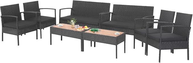 COSTWAY 8PCS Patio Rattan Furniture Set Cushioned Chair Wooden Tabletop Black