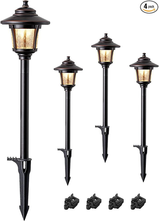 EDISHINE Low Voltage Landscape Lighting 12V 3W 120LM with Connectors 4 Pack | 3000K, Seed Glass, ORB Waterproof Electric LED Pathway Light Wired for Walkway Garden Yard