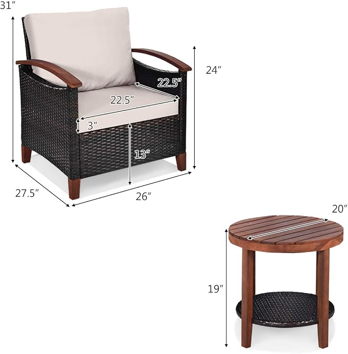 HAPPYGRILL 3 Pieces Patio Conversation Set Outdoor Rattan Wicker Sofa Set with Cushion & Acacia Wood Frame, Coffee Table and Chairs Set for Garden Poolside Balcony