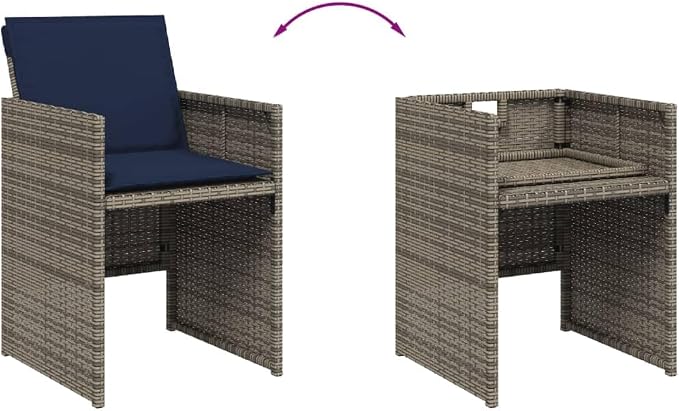 7 Piece Outdoor Patio Dining Set with Cushions Grey Poly Rattan Folding Chairs Tempered Glass Table for Garden Backyard Deck Entertaining 6 Seats
