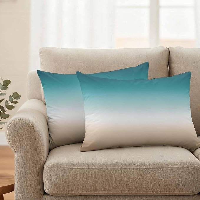 Outdoor Pillow Covers Set of 2, Teal to Khaki Gradient Art Decorative Throw Pillow Covers 20X12IN, Turquoise Watercolor Style Throw Pillows Protector Cushion Case for Patio,Couch,Sofa,Garden