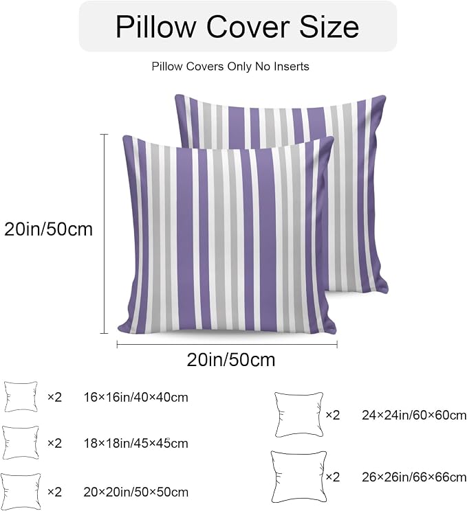 Purple Grey Stripe Outdoor Pillow Covers 16x16 Inch Throw Pillow Covers Set of 2 Waterproof Decorative Pillow Cases Farmhouse Minimalist Striped Cushion Covers for Patio Furniture Garden Couch Sofa