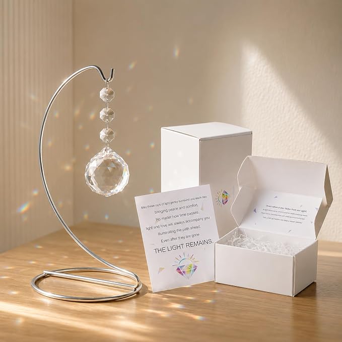 9-Inch Memorial Gifts,40mm Clear Memorial Crystal,Bereavement Suncatcher,Memorial Gifts for Loss of Mom Dad Friend Son Daughter,Silver Stand and a Sympathy Card