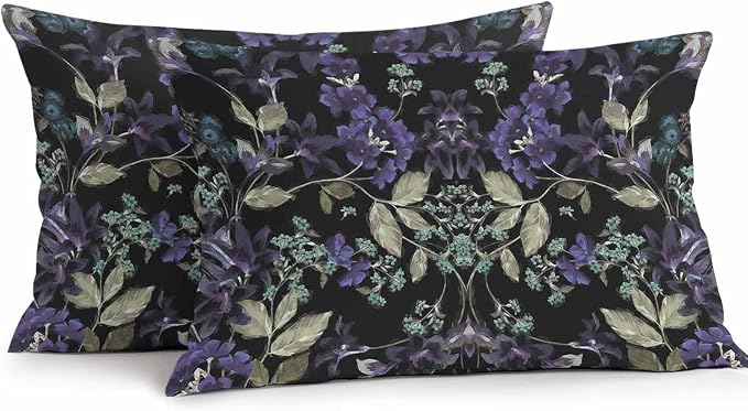 Purple Green Flower Leaf on Black Outdoor Pillow Covers 20x12in Pack of 2 Waterproof Pillowcase Retro Plant Oil Painting Decorative Throw Cushion Case for Patio Couch Sofa