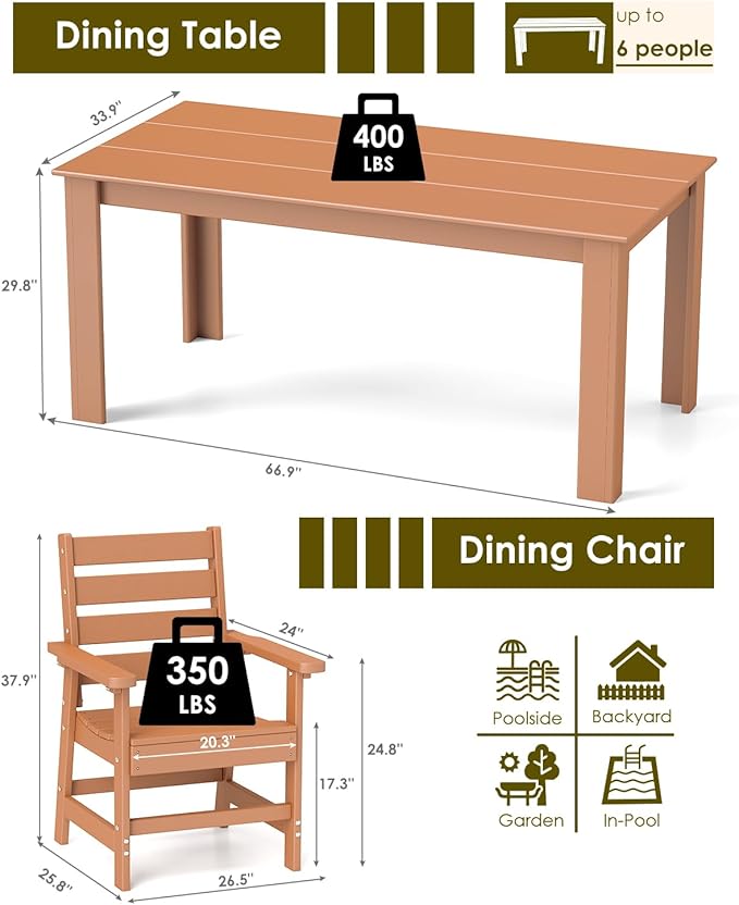 GREENVINES 7-Piece Outdoor-Dining-Set | HDPE Plastic 67'' Table and Chairs Sets for 6 | Patio Furniture | All Weather | Umbrella Hole | Teak | for Poolside Garden Backyard