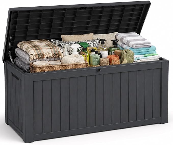 Outdoor Deck Patio Storage Box - 140 Gallon Large Outdoor Deck Box, Plastic Storage Bin with Lid, Outside Toy Box & Pool Storage Container for Cushions, Garden Tools, Towel, Black
