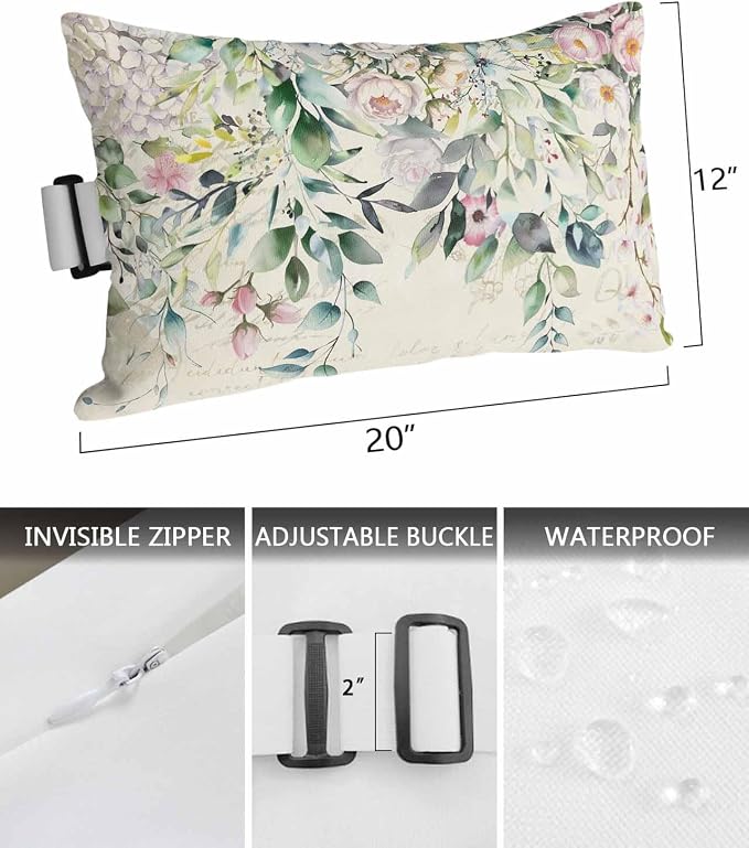Lumbar Pillow Covers Set of 4, Eucalyptus Leaves Waterproof Outdoor Chaise Lounge Pillow Covers with Elastic Strap, Spring Floral Summer Botanical Vintage Headrest Pillowcase for Patio, 12 x 20
