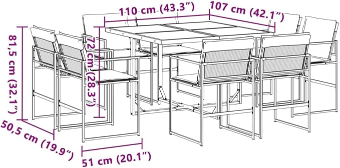 9 Piece Patio Dining Set with Cushions Black Textilene Outdoor Table and Chairs for Garden Backyard Dining Foldable Storage Space Saving Tempered Glass Tabletop UV Resistant Steel Frame