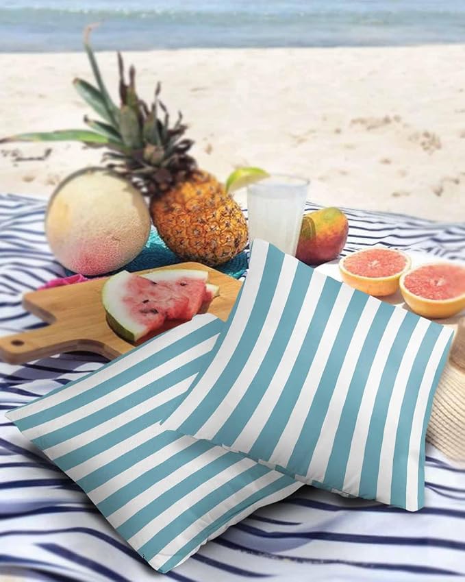 Outdoor Waterproof Throw Pillow Covers 24x24in, Aqua Green Striped Cushions for Garden Patio Furniture Chairs Set of 2, Geometric Line Home Decor Couch Sofa Polyester Pillow Cases