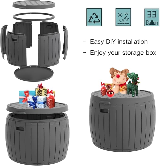 ZZM 33 Gallon Round Deck Box, Patio Side Table for Cushion, Picnic Bucket, Small Bench Seat, All-Weather & Portable, Gray