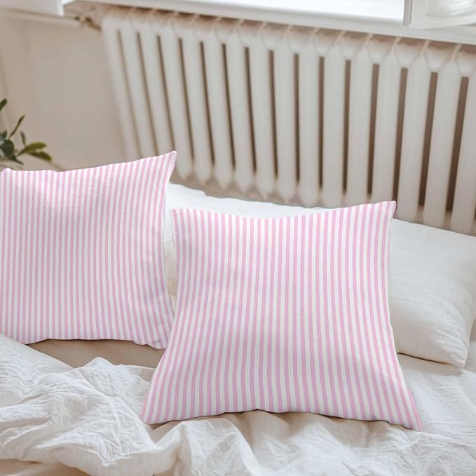 Throw Pillow Covers 20x20 Inch Set of 2, Pink White Stripe Waterproof Outdoor Cushion Covers, Modern Minimalist Geometric Striped Decorative Pillowcases for Couch, Sofa, Bed, Garden, Patio