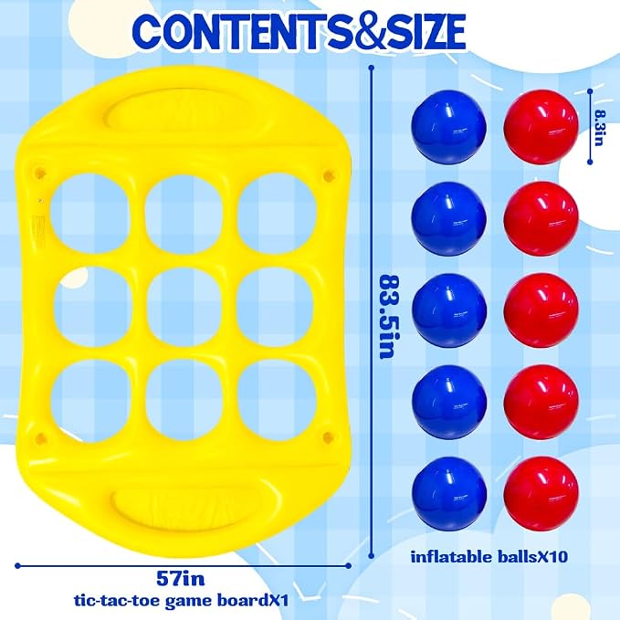 Pool Toys Games Set, Tic-Tac-Toe Inflatable Pool Toy with 10 Balls, Giant Inflatable Floating Board Pool Party Beach Lawn Game Water Ball Toys for Kids Adults (Yellow)