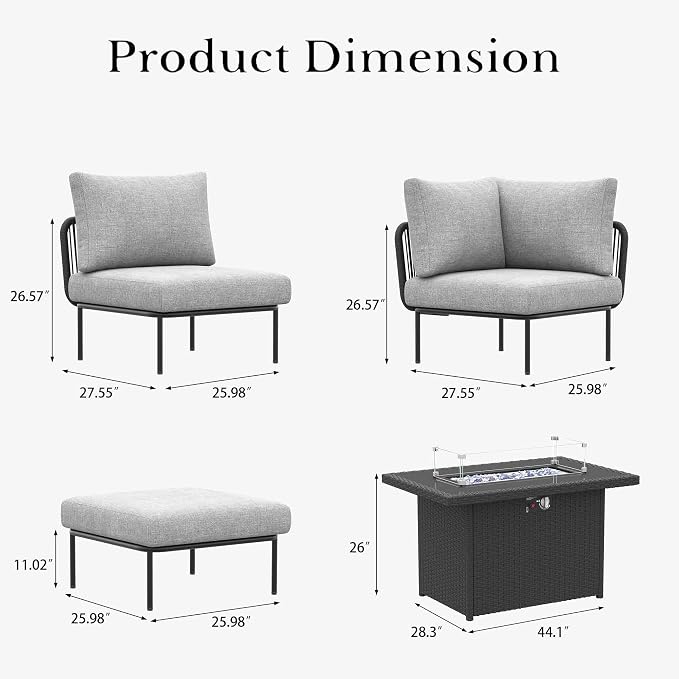 LayinSun 11 Pieces Aluminum Patio Furniture Set, Modern Modular Sectional Sofa with Fire Pit Table and Upgrade Thickness Cushion