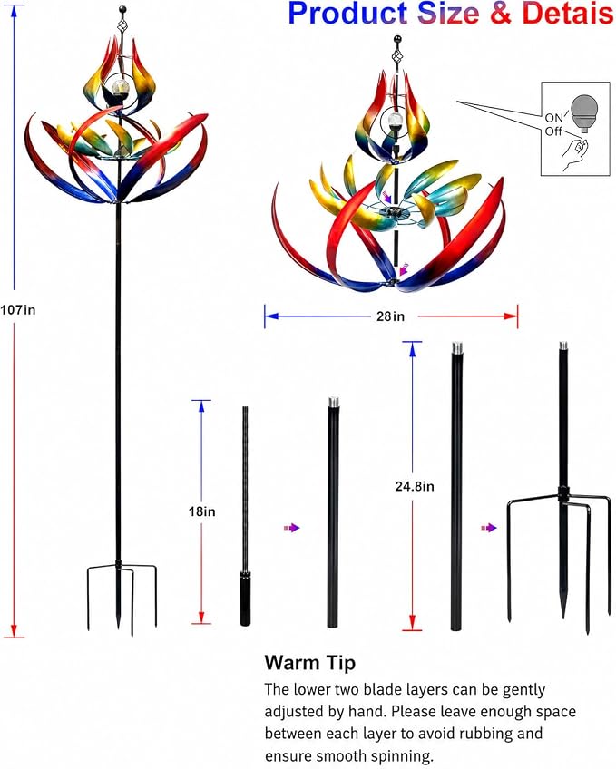 107" Large Solar Wind Spinner Outdoor Metal - 3-Tier Kinetic Wind Sculptures with LED Glass Ball Light, Multi-Color Tulip Windmills for Yard Garden Decor, Patio Porch Lawn Ornament Gardening Gifts