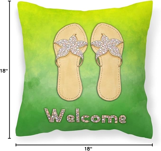Caroline's Treasures BB7454PW1818 Flip Flops Welcome Fabric Decorative Pillow Machine Washable, Indoor Outdoor Decorative Pillow for Couch, Bed or Patio, 18Hx18W