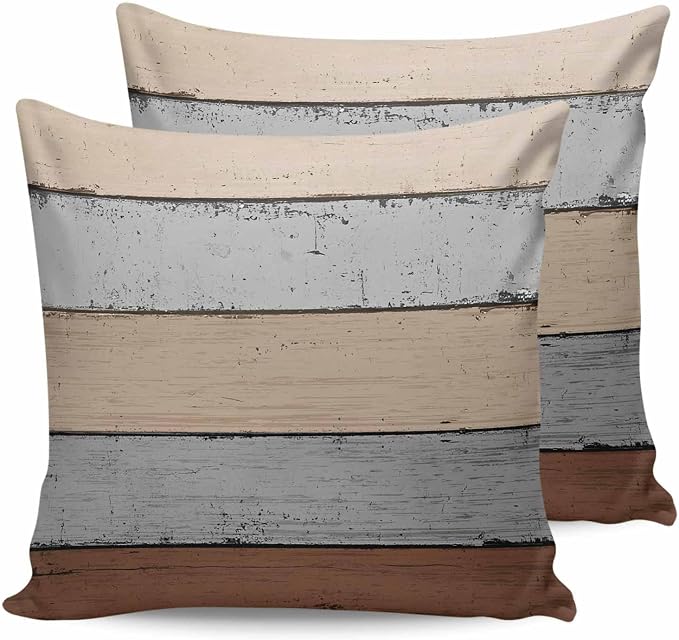 Outdoor Throw Pillow Covers 18X18 Set of 2 Waterproof Ombre Ground Color Brown Grey Decorative Zippered Cushion Covers for Patio Furniture,Lumbar Pillowcases Farmhouse Retro Rustic Barn Wood Texture