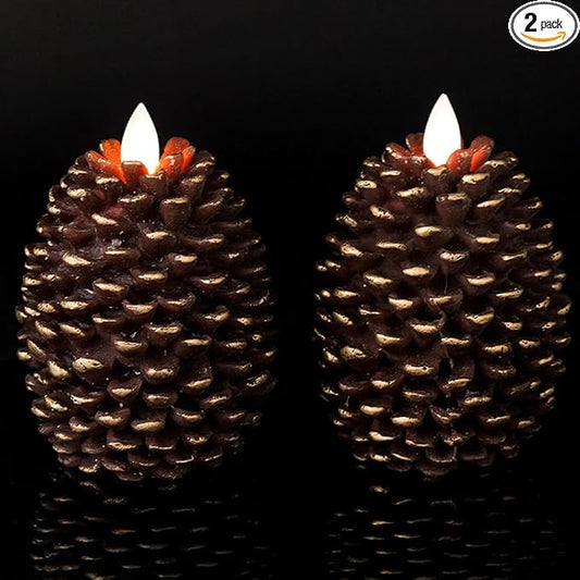 Wondise Flameless Candles with Timer, Battery Operated Flickering Wick Real Wax Pine Cone Candles for Holiday Indoor Decoration, Set of 2, Brown(D3.5 x H4.7 Inch)