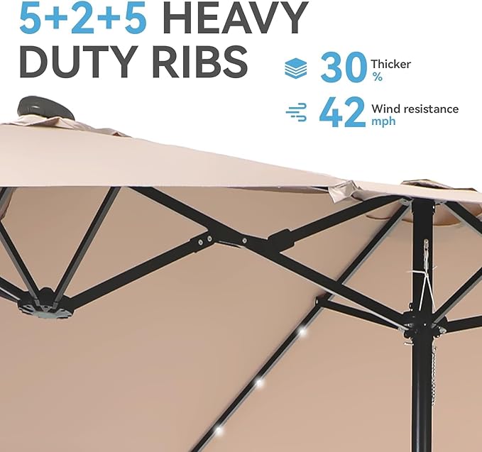 15ft Large Patio Umbrella with 3 Solar panels, 48 Solar LED Lights Base NOT Included, Outdoor Double-Sided Rectangle Market Umbrella with Crank Handle, Perfect for Pool, Lawn, and Garden (Pole Diameter 1.9 inch)