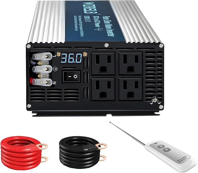WZRELB 5000W Pure Sine Wave Inverter 36V DC to 110V 120V AC with LED Display,Remote Controller,Off-Grid Power Converter 10000W Surge with 4 AC Outlets, Hardwire Terminal for Home, RV, Truck, Camping