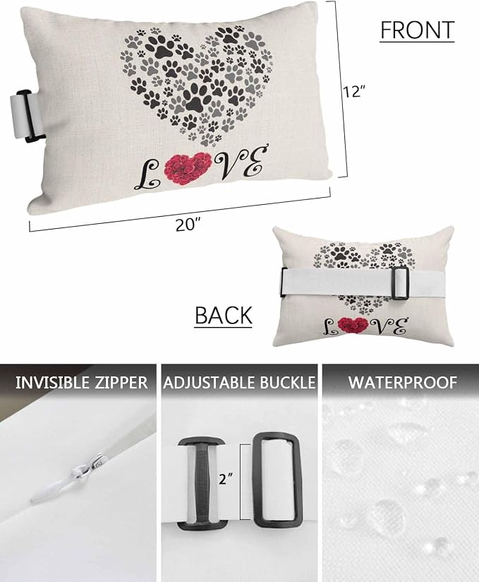 Outdoor Pillows Covers with Inserts Rose Love Dog's Paws Shape Heart Waterproof Recliner Pillow with Adjustable Strap Throw Pillows for Patio Furniture Pool Lounge Chair, 12x20 inch, 2PCS