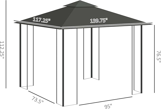 Outsunny 10' x 11.5' Metal Patio Gazebo, Double Roof Outdoor Gazebo Canopy Shelter with Tree Motifs Corner Frame and Netting, for Garden, Lawn, Backyard, and Deck, Gray