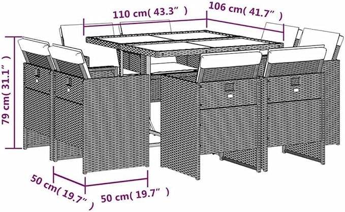 Afuera Living 9 Piece Patio Dining Set, Black and Beige Woven Design, Tempered Glass Table, Powder-Coated Finish, UV Resistant, Foldable Chairs with Washable Cushions, Outdoor Garden Furniture for 8