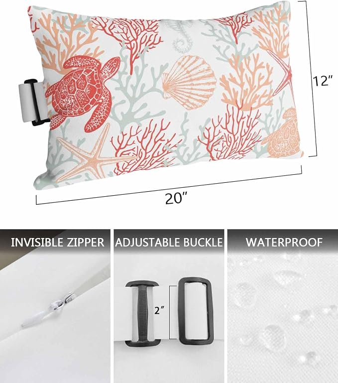 Lumbar Pillow Covers Set of 2, Red Orange Coastal Waterproof Outdoor Chaise Lounge Pillow Covers with Elastic Strap, Sea Turtle Nautical Coral Summer Beach Headrest Pillowcase for Patio, 12 x 20
