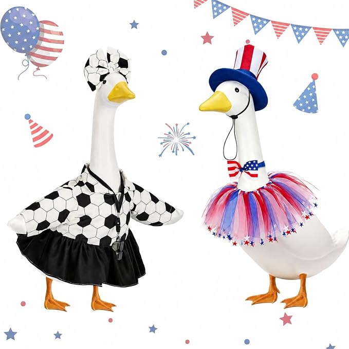2 Set Porch Goose Outfits Football Referee Clothes Fit 23" Geese Statue | Plastic/Cement/Concrete Goose Costume World Cup for Garden, Patio, Yard & Lawn Decor