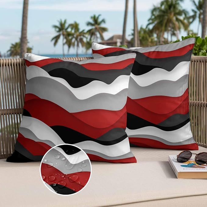 Ocean Waves Outdoor Waterproof Throw Pillow Covers Set of 2, 26"x26", Black Red Wave Gradient Decorative Pillow Covers Outside Cushion Case for Patio Porch Garden