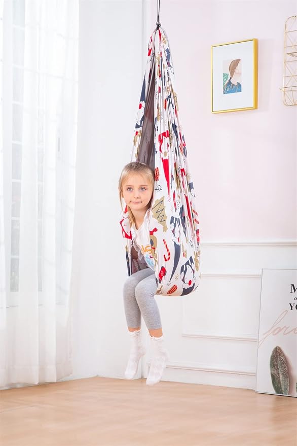 Therapy Swing Hammock Kids Cuddle Sensory Swing Indoor Therapeutic Hammock 360° Rotating Double Layer Elastic Rocking Cloth Swing Gifts for Children with ADHD SPD Asperger Autism (Christmas)