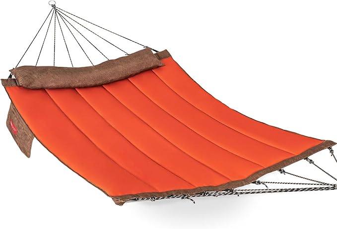 Lazy Daze Hammocks 12 FT Quilted Fabric Hammock with Curved Aluminium Spreader Bar, Double Hammock for Outside with Soft Pillow & Side Pocket 450 Lbs Capacity, Orange