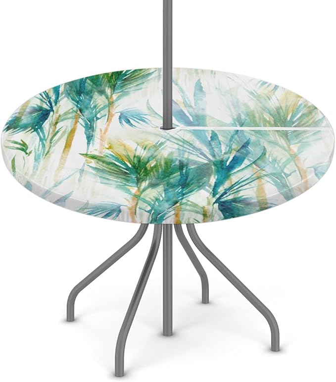Fitted Round Tablecloth with Umbrella Hole and Zipper Tropical Trees Outdoor Elastic Table Cloth 45"-56" Oil-Proof Waterproof Abstract Tree Patio Table Cover for Picnic Party